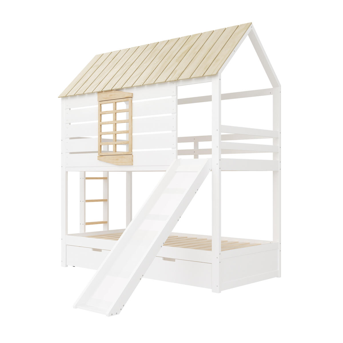 ETAGENBETT 90/200 cm weiß aus Kiefer und MDF mit Rutsche und 2 Schubladen - Weiß, Holzwerkstoff (90/200cm) - OKWISH