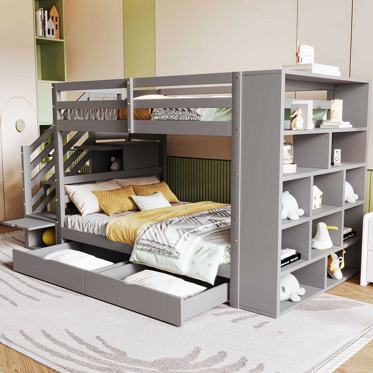 ETAGENBETT 90/200 cm mit Sicherheitstreppe, Stauraum und Lattenrost, Grau - Grau, Holzwerkstoff (90/200cm) - Redom