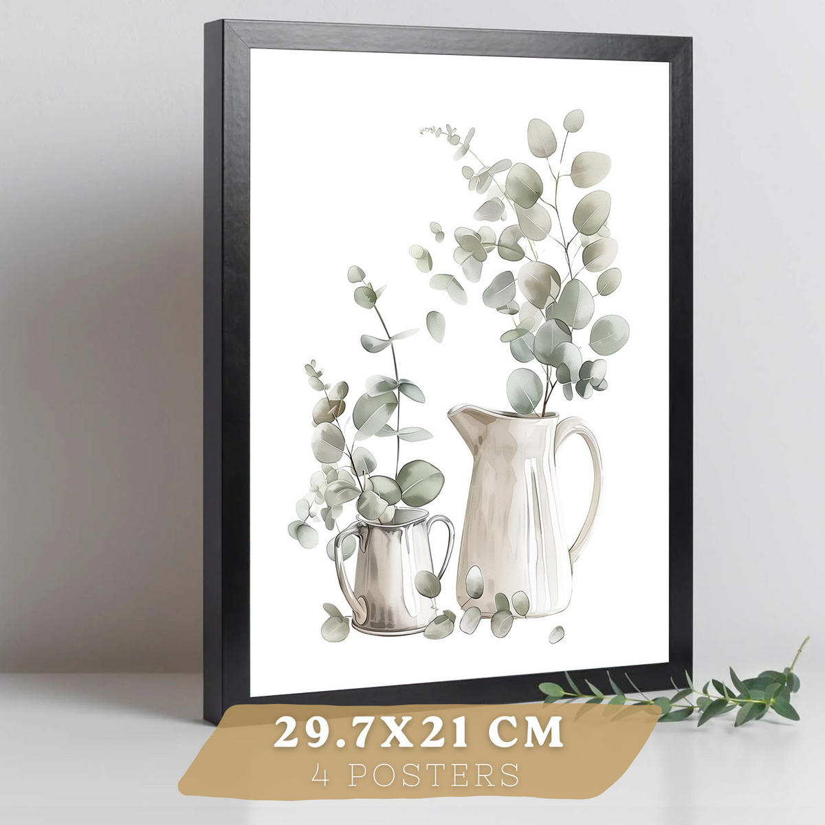 PLAKAT Sada 4 dekorativních nástěnných tisků, Botanická kuchyně. Bohémský venkovský styl. Rustikální kuchyně. Velikost Černý rám A4 - černá, papír (21/29.7/3cm) - Nacnic