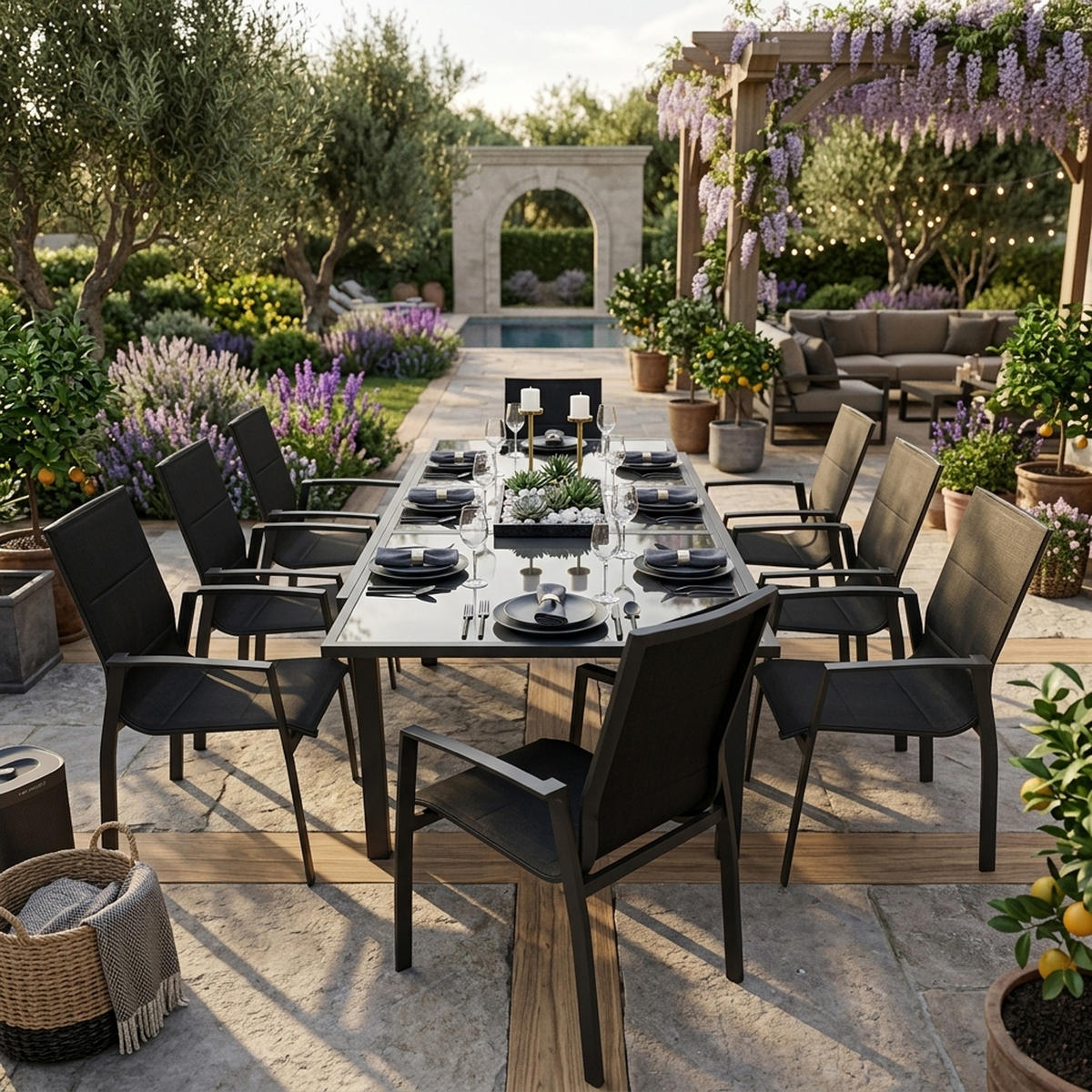 GARTEN-GARNITUR Ashford - 9-teilige Garten-Essgruppe (8x Stapelsessel mit Aluminiumgestell schwarz, Bespannung Textillehne schwarz - Schwarz, Metall - TPFGarden