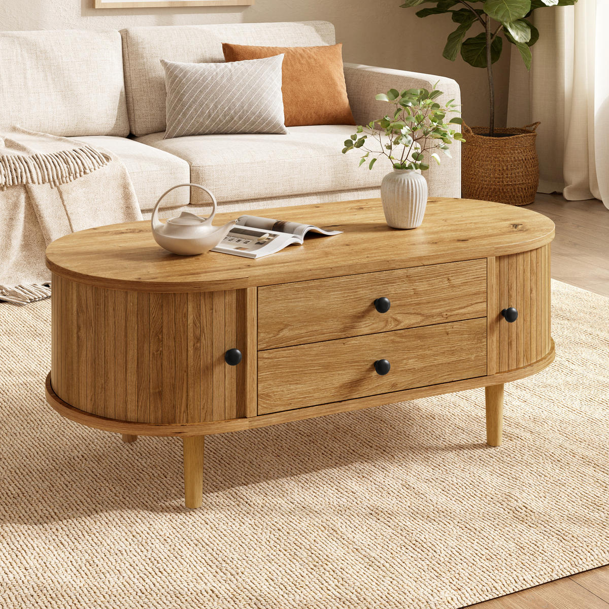 COUCHTISCH Oval Leisten Schiebetüren 2 Schubladen MDF - Eichefarben, Holzwerkstoff (100/50/40cm) - FLIEKS