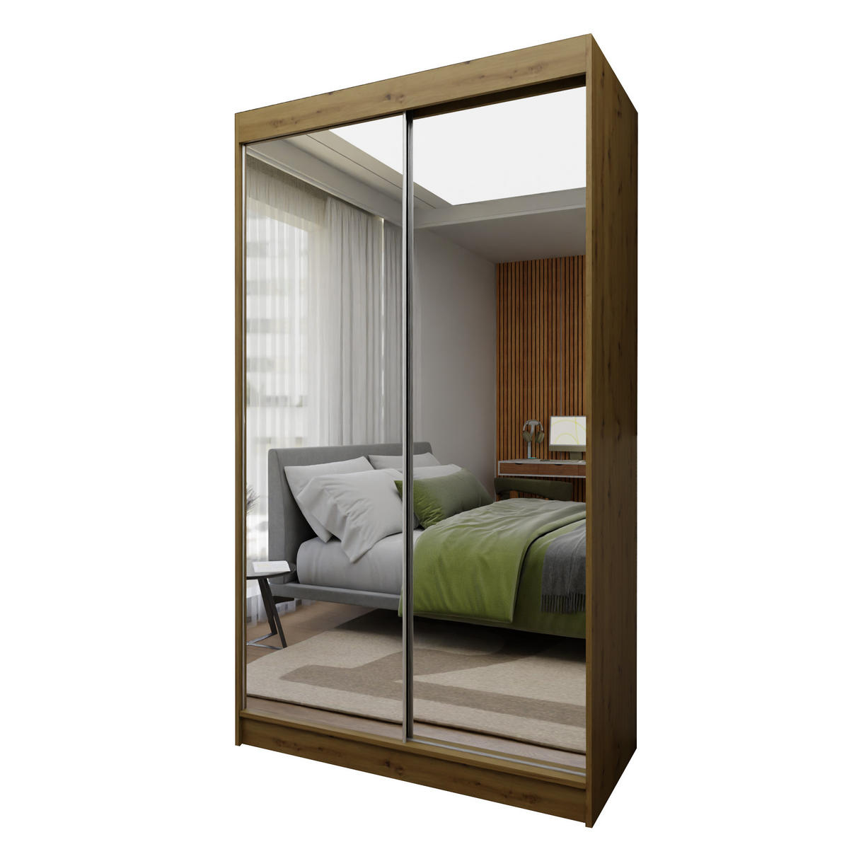 SCHWEBETÜRENSCHRANK BELLINA 120/216/61 cm 2-türig mit Spiegel Eiche Artisan - Eiche Artisan, Holzwerkstoff (120/216/61cm) - MASSENO
