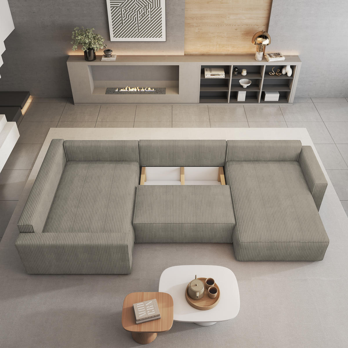 WOHNLANDSCHAFT VELAMI L-S Beige Kordstoff mit Schlaffunktion - Beige, Holz (365/83/194cm) - MASSENO