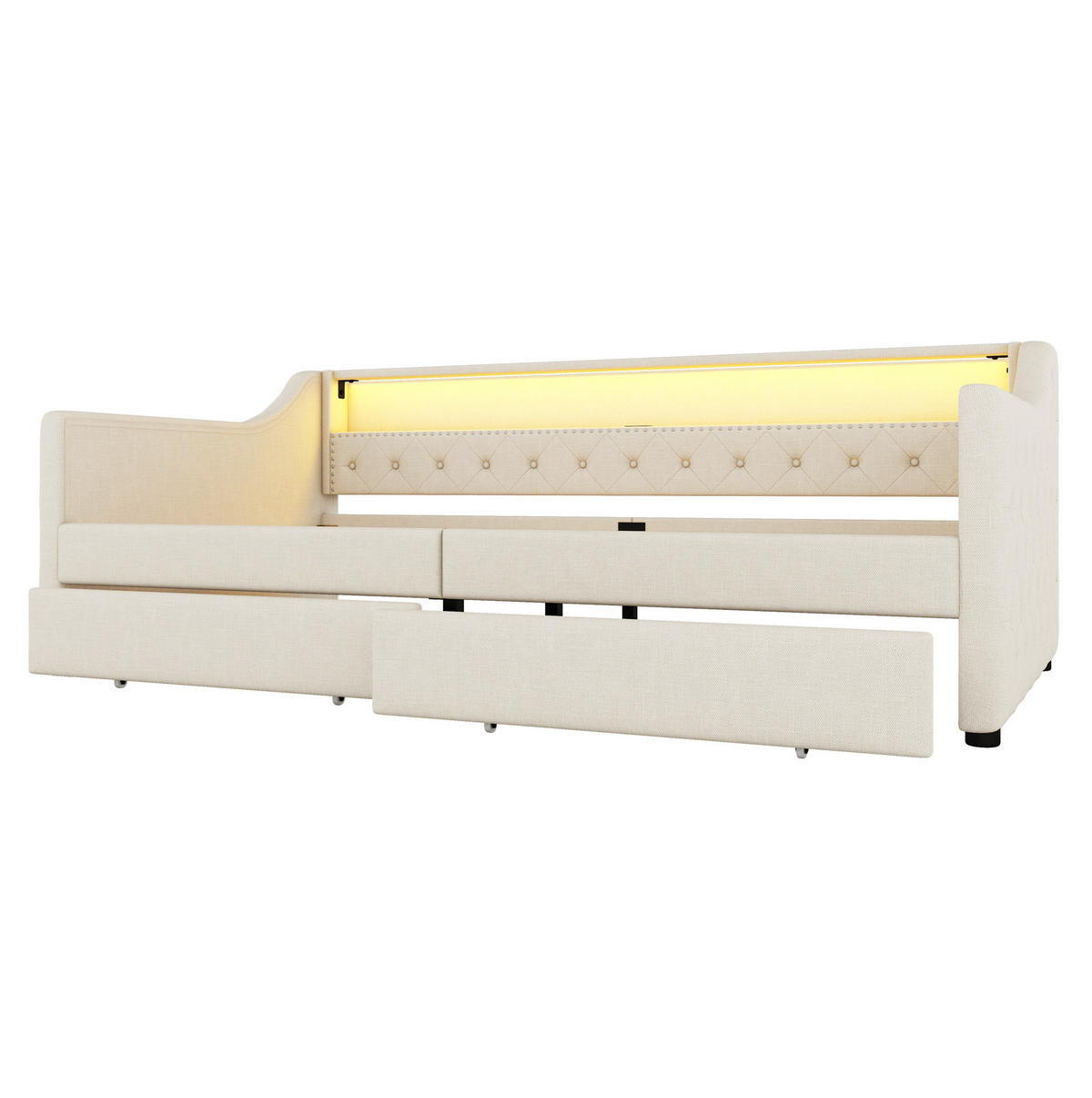 POLSTERBETT aus Leinen 90x200 cm in Beige mit LED-Beleuchtung & USB-Ladebuchse - Beige, Textil (90/200cm) - Modfu
