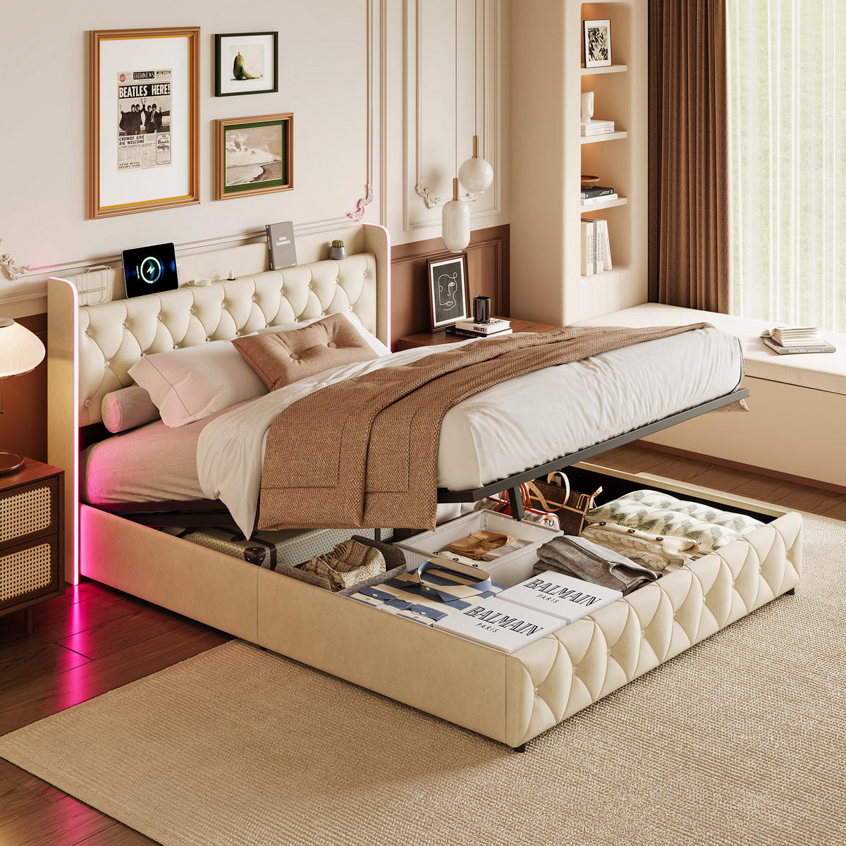 POLSTERBETT 160x200 cm LED USB C Stauraum Lattenrost Samt beige - Beige, Holz (160/200cm) - LEBENLANG