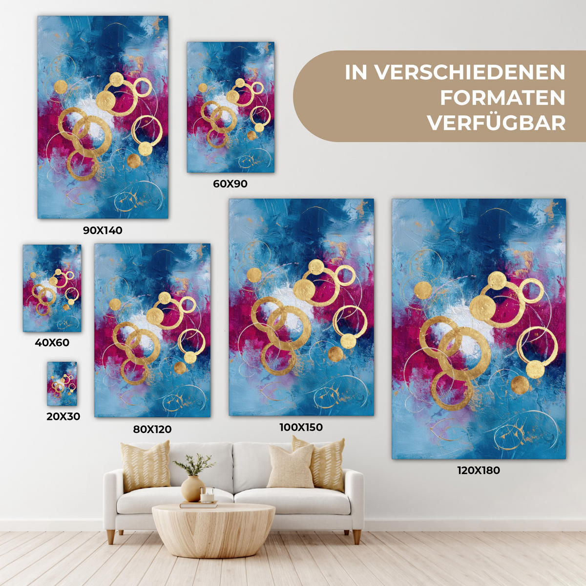 LEINWANDBILD Kreise - Gold - Abstrakt Deko Groß 90x140 cm - Blau, Textil (90/140cm) - MuchoWow
