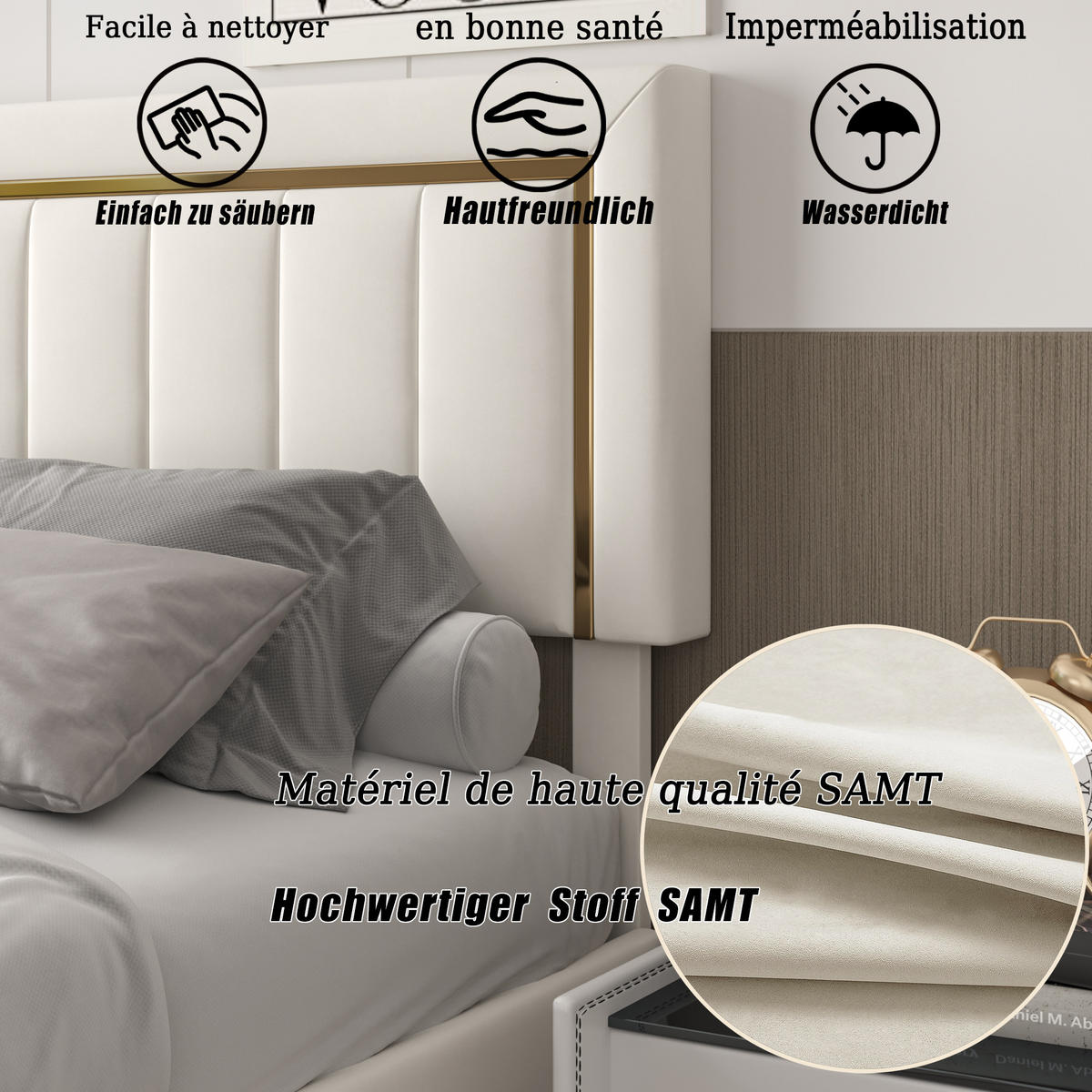 POLSTERBETT 140x190 cm Stauraum Lattenrost Samt Golddekor beige - Beige, Holz (140/190cm) - LEBENLANG