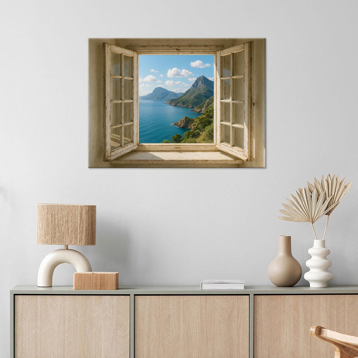 LEINWANDBILD Fensterblick Meer Berge Shabby Chic 120x80cm - Blau, Textil (120/80cm) - Feeby