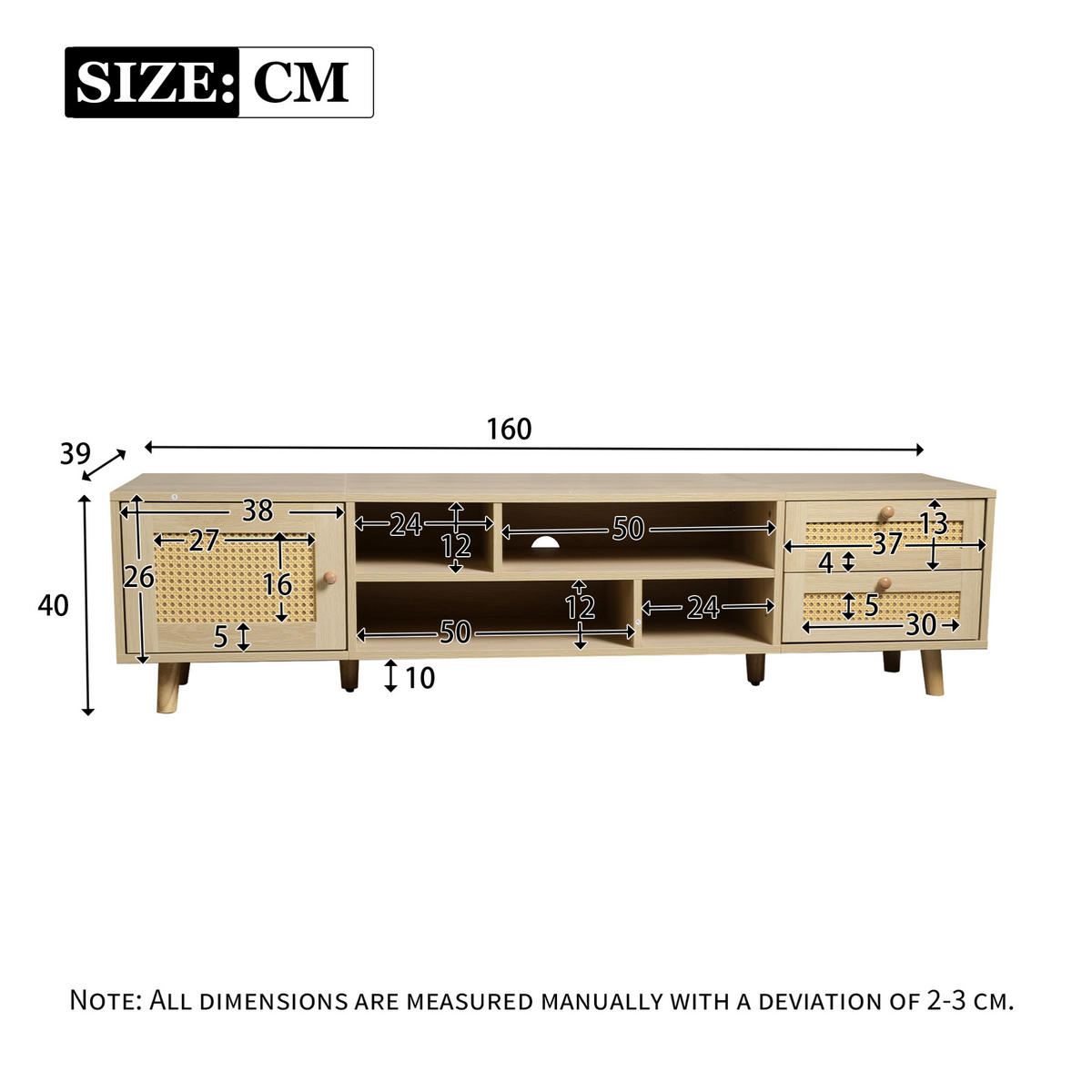 LOWBOARD 160/39/40,5 cm aus Spanplatte mit Rattanfronten und Kabelführung Eichefarben - Naturfarben, Holzwerkstoff (160/40/39cm) - Modenvie