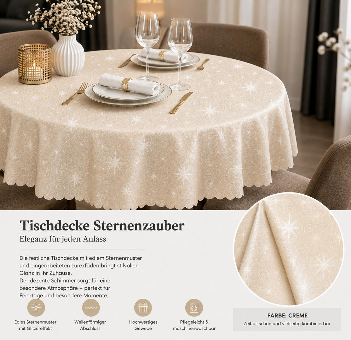 TISCHDECKE 160 rund Lurex Sterne Creme - Creme, Textil (160cm) - TiborTex