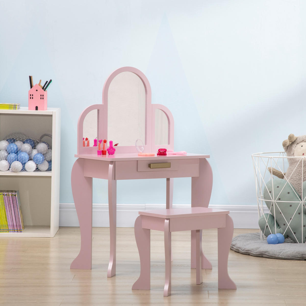 KINDERSCHMINKTISCH DE-18629 3 Spiegel, Schublade & Hocker Pink - Pink, Holzwerkstoff (32/85/52cm) - ComfortXL