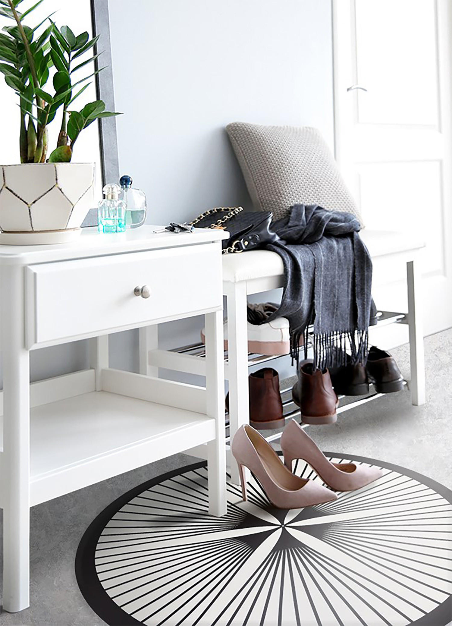 VINYL TEPPICH Ø130 cm Floristische Linien - Schwarz/Weiß, Kunststoff (130/130cm) - TULUP