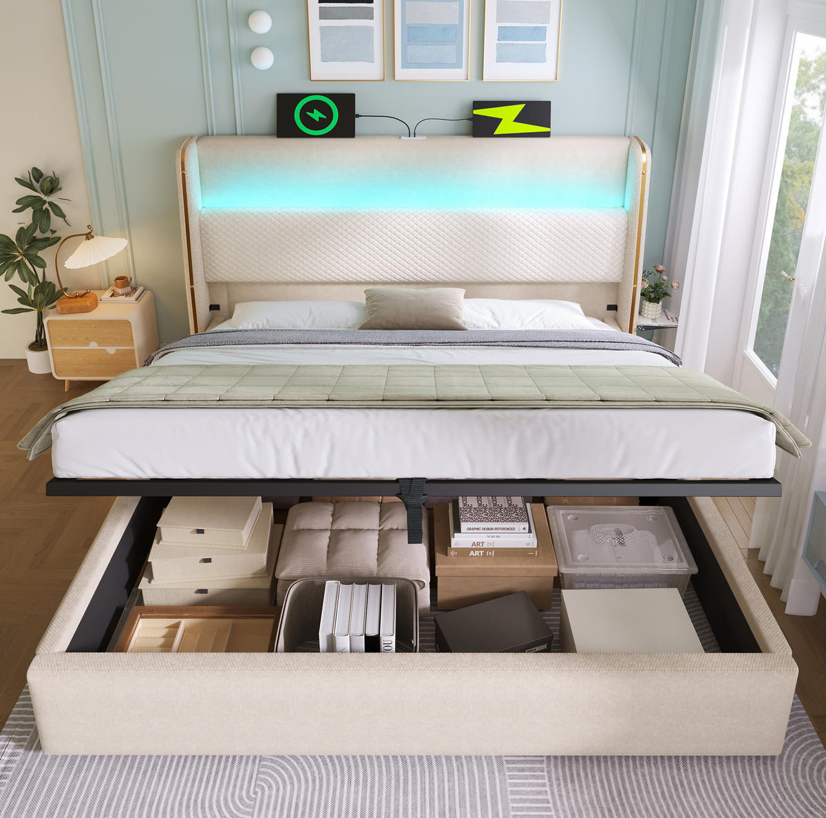 ČALOUNĚNÁ postel 180/200 cm béžová z lnu s LED osvětlením, USB a Type-C, úložným prostorem - béžová, textil (180/200cm) - OKWISH