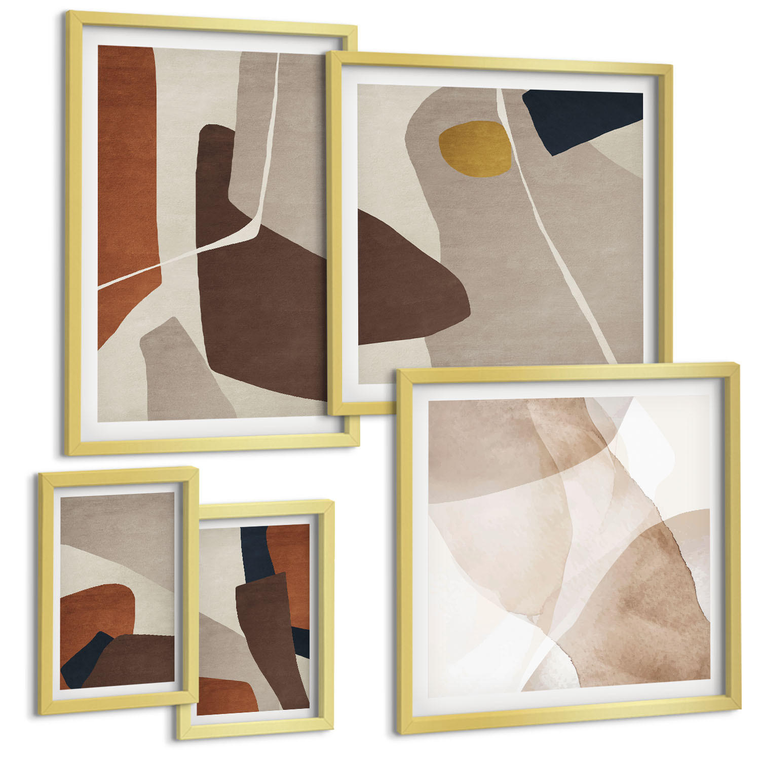 BILDER SET 5er Set - 50x50 cm & 20x30 cm & 40x60 cm Goldrahmen - Abstrakte moderne Formen - Goldfarben, Kunststoff (40/60cm) - TULUP
