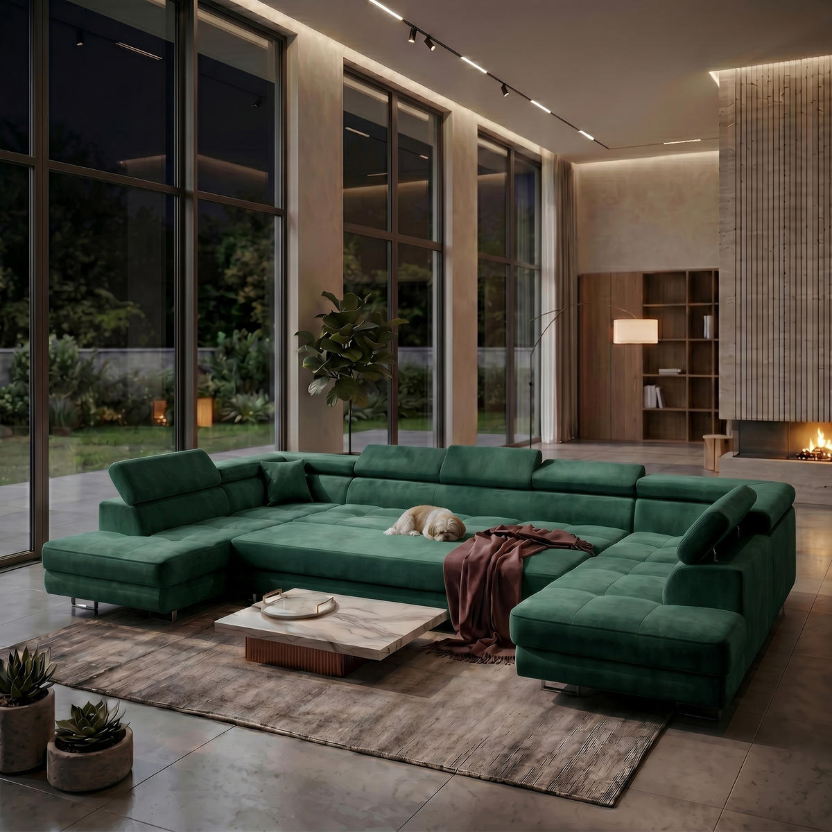 ECKSOFA U-Form WILD MAXI U2 mit Schlaffunktion 125x329 Velours Dunkelgrün - Chromfarben/Dunkelgrün, Holz/Textil (400/90/203cm) - Muffo