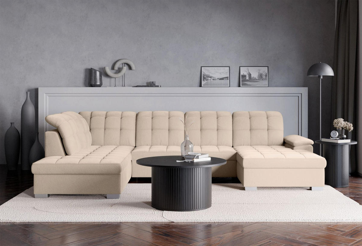 WOHNLANDSCHAFT Jamaal Beige Velours rechtsseitig - Beige/Schwarz, Textil (330/106/212cm) - Selsey