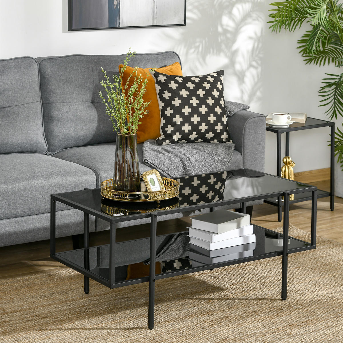 COUCHTISCH mit Ablage, verstellbare Füße, 100 x 55 x 45,5 cm - Schwarz, Glas (100/55/45.5cm) - HOMCOM