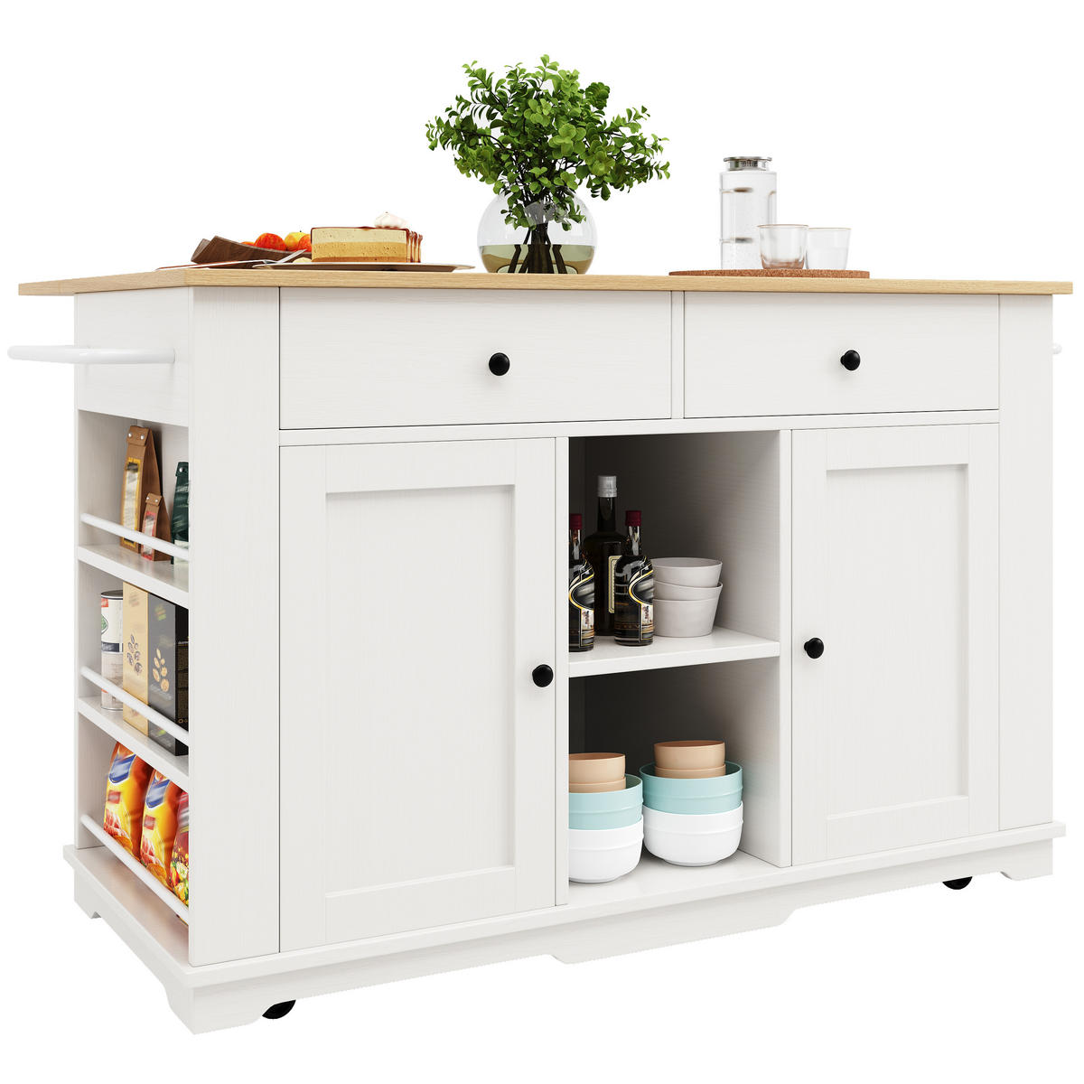 KÜCHENINSEL Weiß 151,5/59,7/91,7 cm Klappbar fahrbar mit Steckdosenleiste - Weiß, Holzwerkstoff (151.5/91.7/59.7cm) - PANGIVO
