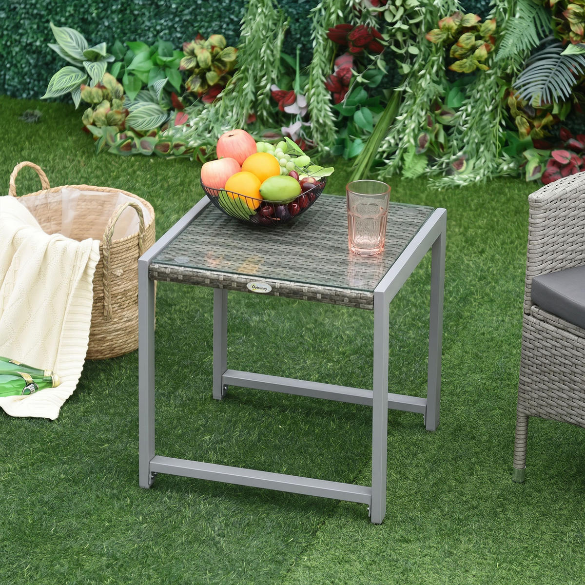 CARTENTISCH, Grau, Polyrattan, Aluminium, Hartglas - Grau, Kunststoff (50/495/50cm) - Outsunny