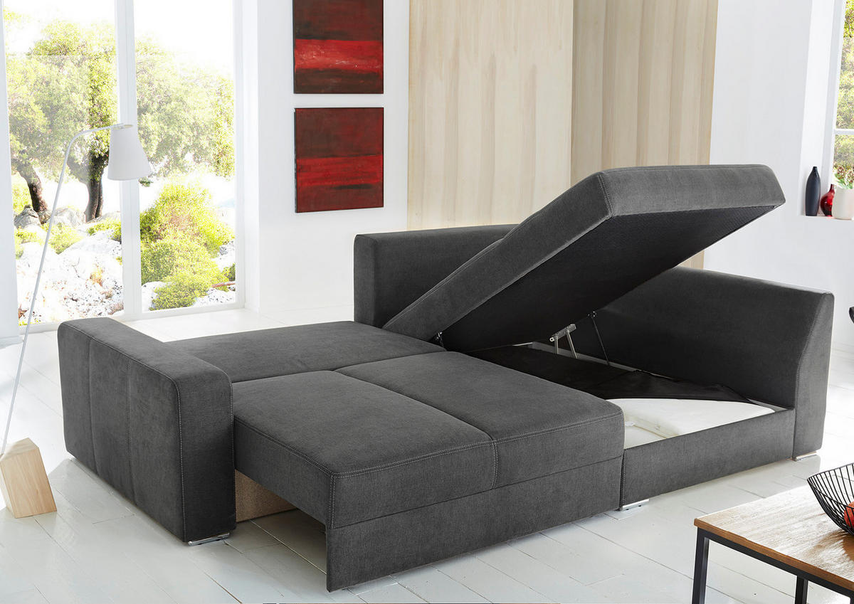 ECKSOFA-DAUERSCHLÄFER Boxspring Federkern Topper Bettkasten, seitenverkehrt montierbar B260/T181/H88 cm, Mikrofaser in Grau Anthrazit / 15107 - Chromfarben/Schieferfarben, Textil/Metall (260/181cm) - luma-home