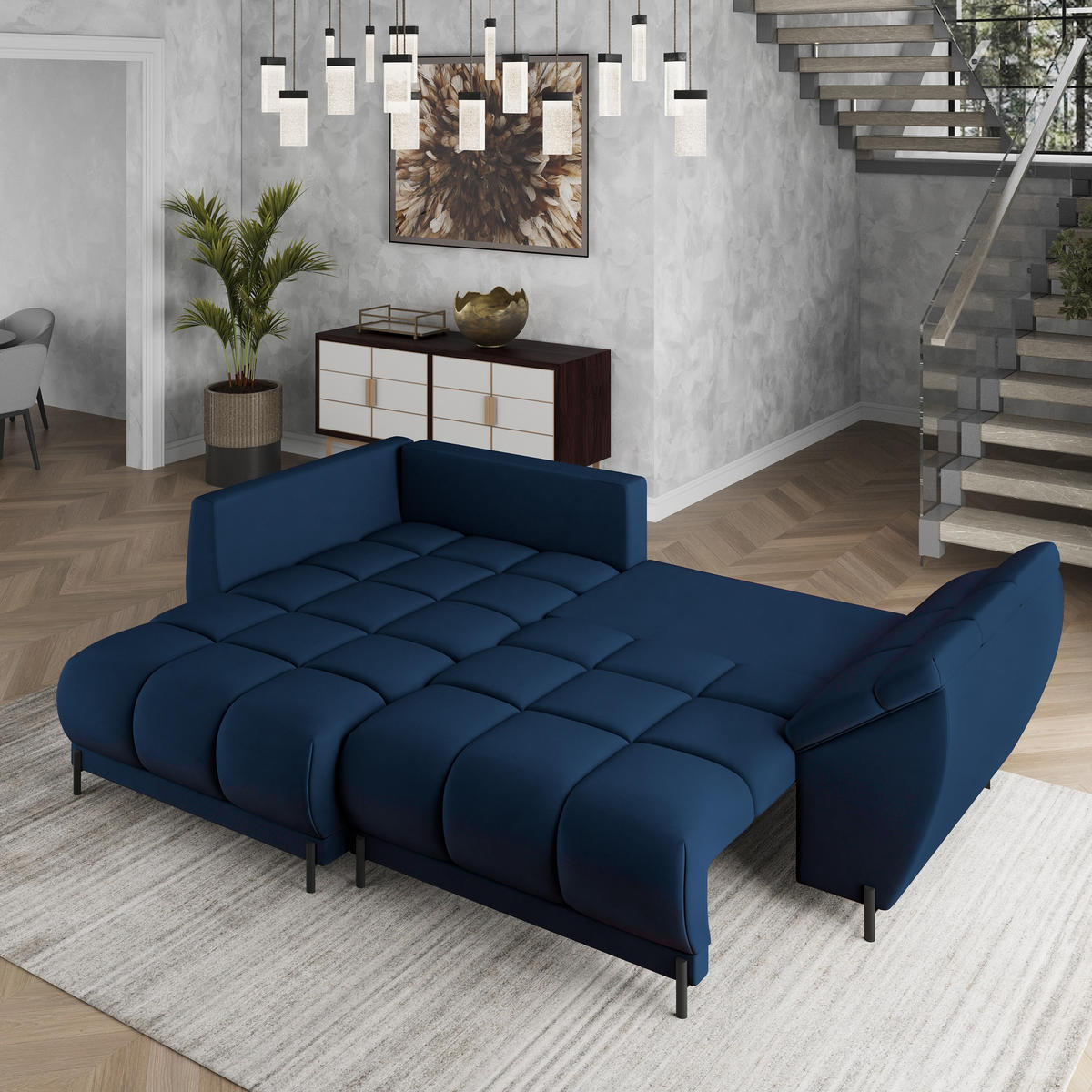ECKSOFA VESTANO L-S Blau Velours-Stoff mit Schlaffunktion - Blau, Holz (287/182cm) - MASSENO
