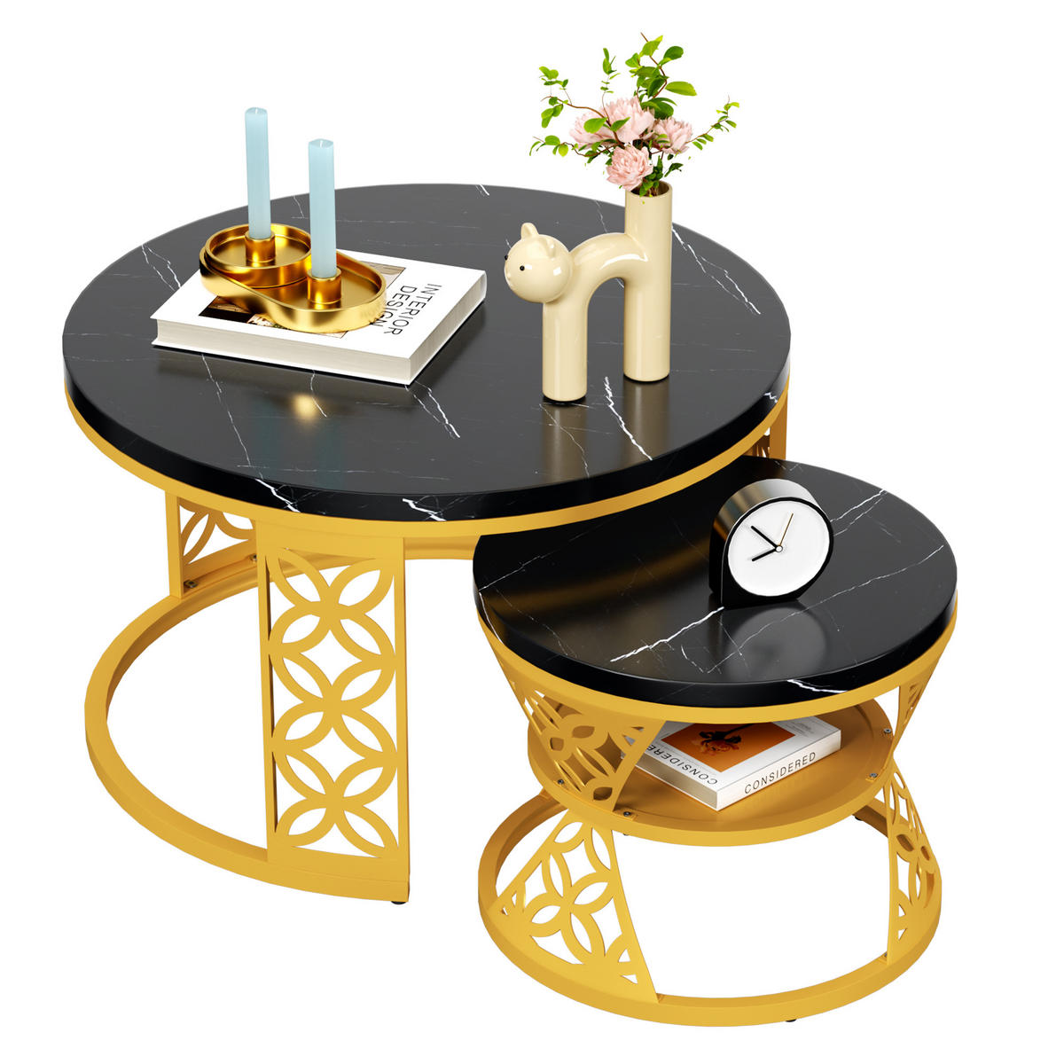 COUCHTISCH in Schwarz Hitzebeständiger Wohnzimmertisch mit Marmor-Optik Platte Sofatisch mit Metallgestell - Goldfarben/Schwarz, Holzwerkstoff/Metall (70/70/45cm) - STILVORA