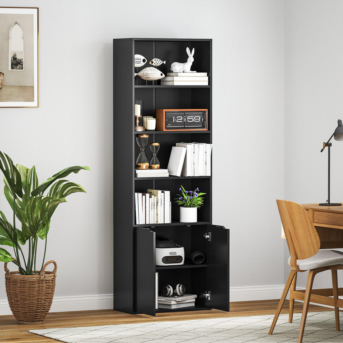 AKTENREGAL DE-14460 mit 4 offenen Fächern und 2 Türen Schwarz - Schwarz, Holzwerkstoff (29/180/59cm) - ComfortXL
