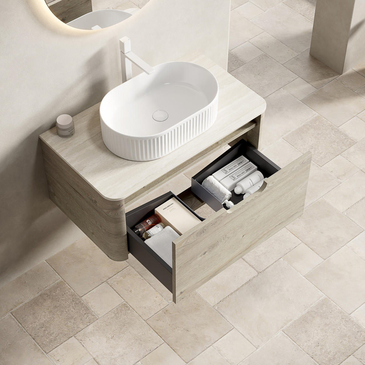 WASCHTISCHKOMBI 80 cm in Beige mit ovalem Becken und Soft-Close-Schublade - Creme, Keramik (80/50.2/46cm) - Flora Grace