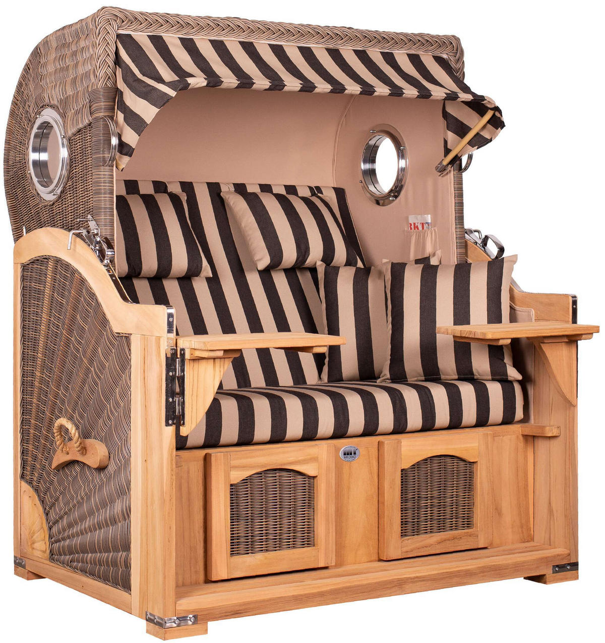 STRANDKORB Düne Grande Bullauge Teak PE Grey Dessin 581 - Braun/Grau, Metall (142/170/95cm) - Mr. Deko