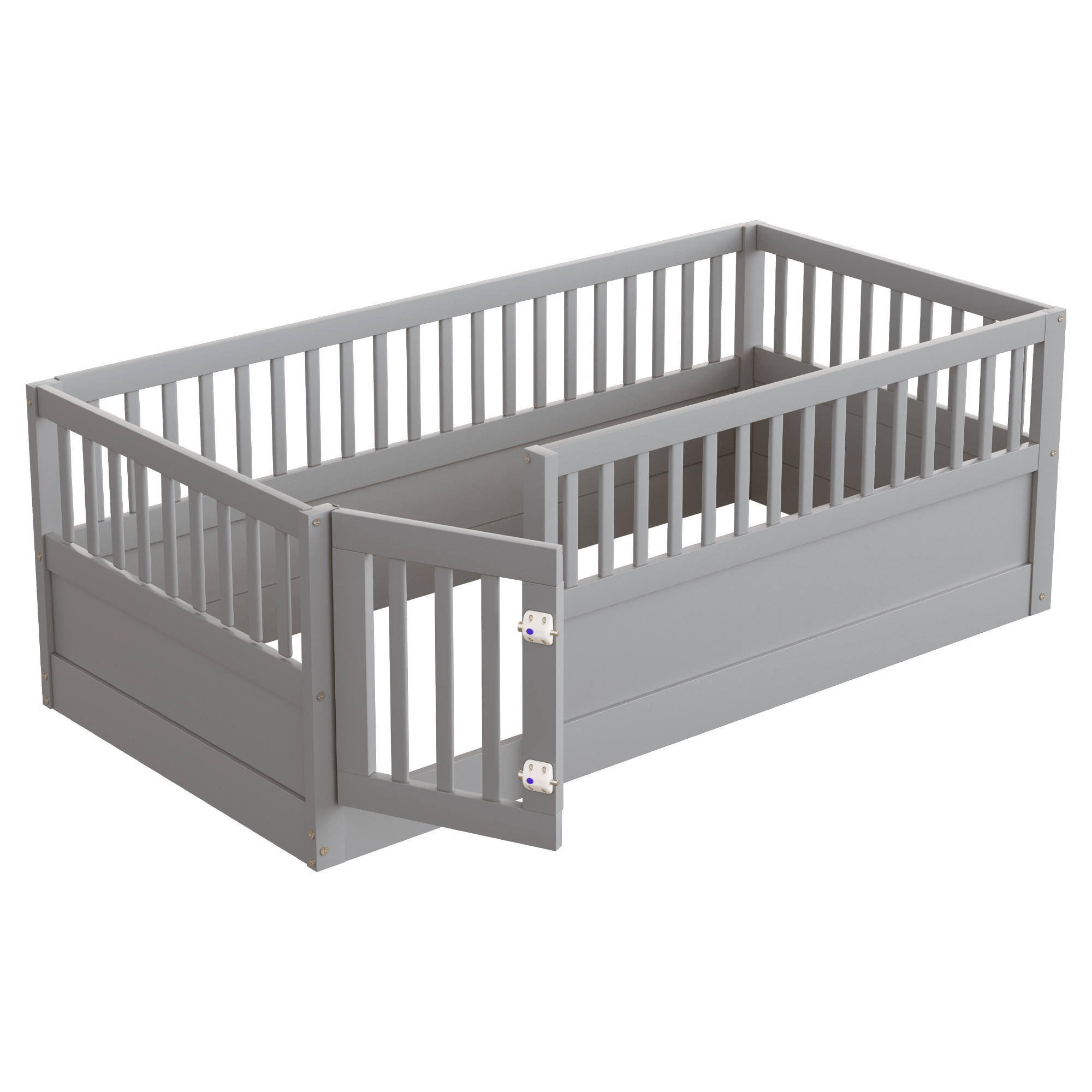 KINDEREINZELBETTEN aus Massivholz 90x200 cm in Grau mit Zaun & Tür - Grau, Holz (90/200cm) - Modfu