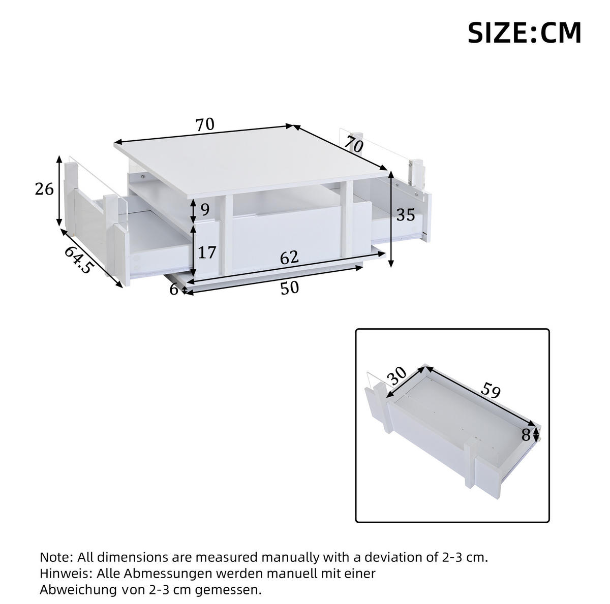COUCHTISCH aus Spanplatte 70x70x35 cm in Weiß mit LED & 2 Schubladen - Weiß, Holzwerkstoff (70/70/35cm) - Modfu