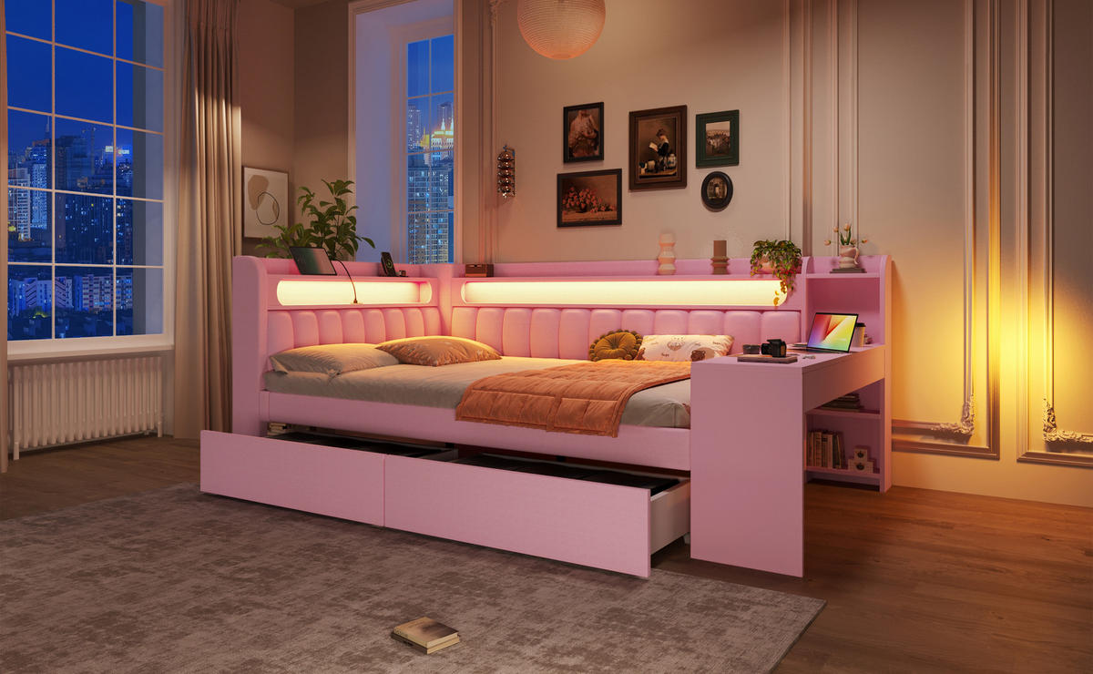 TAGESBETT 140x200 cm mit LED-Beleuchtung, USB-Anschluss, Schreibtisch und zwei Schubladen, gepolstert, rosa - Rosa, Holzwerkstoff (140/200cm) - Luhomfu