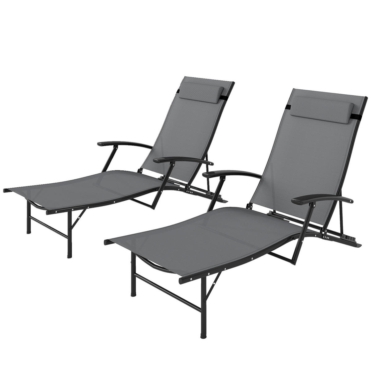 SONNENLIEGE Set mit 2 klappbaren Gartenstühlen mit 4-fach verstellbarer Rückenlehne und Kissen,154*64*87 cm ,Grau - Grau, Metall (64/87/154cm) - Vallsero