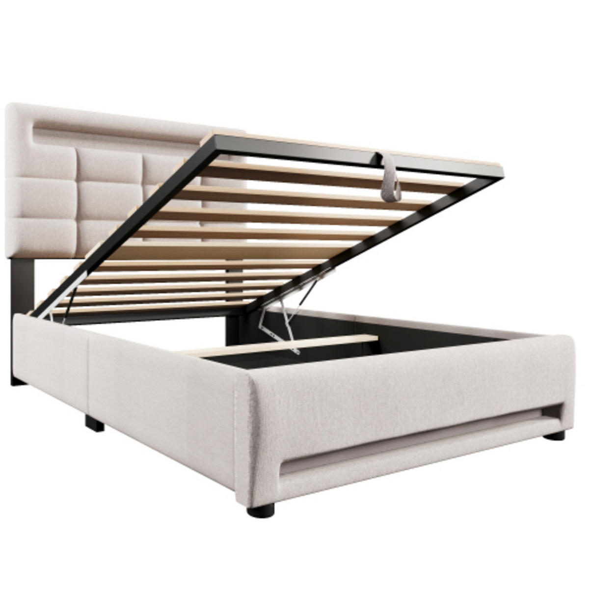 POLSTERBETT 90 × 200 cm mit Leinenbezug, hydraulischem Stauraum, 16-Farben-LED-Leiste und USB-Anschluss, beige - Beige, Textil (90/200cm) - Luhomfu