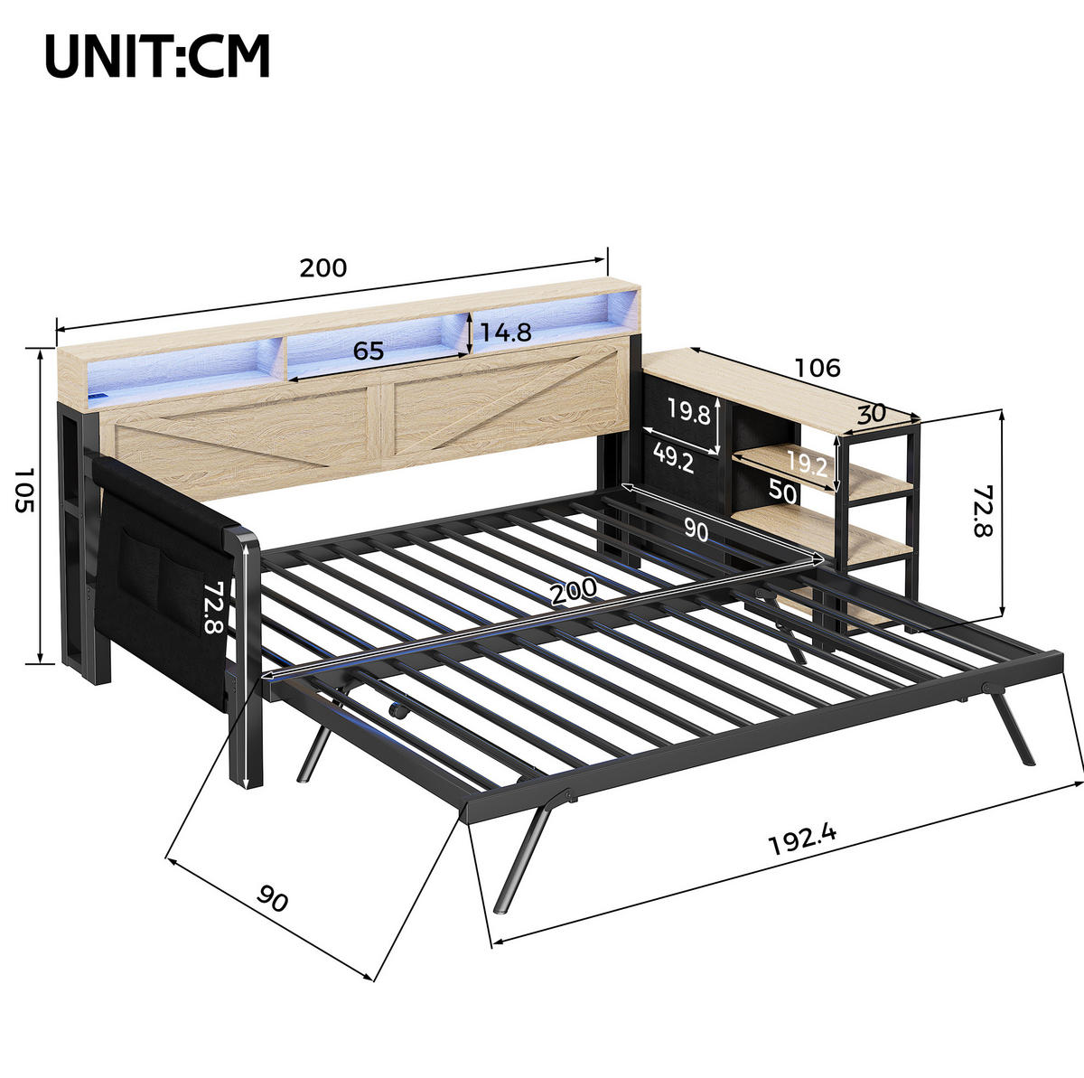TAGESBETT aus Metall und MDF 90x200 cm Schwarz mit Ausziehbett, LED-Beleuchtung, USB und Stauraum - Schwarz, Holzwerkstoff (90/200cm) - Modfu
