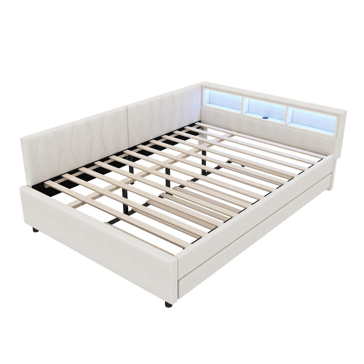 BETT mit Ablagefach und USB-Anschlüssen mit LED-Beleuchtung Leinen Beige 140/200 cm - Beige, Textil (140/200cm) - OKWISH