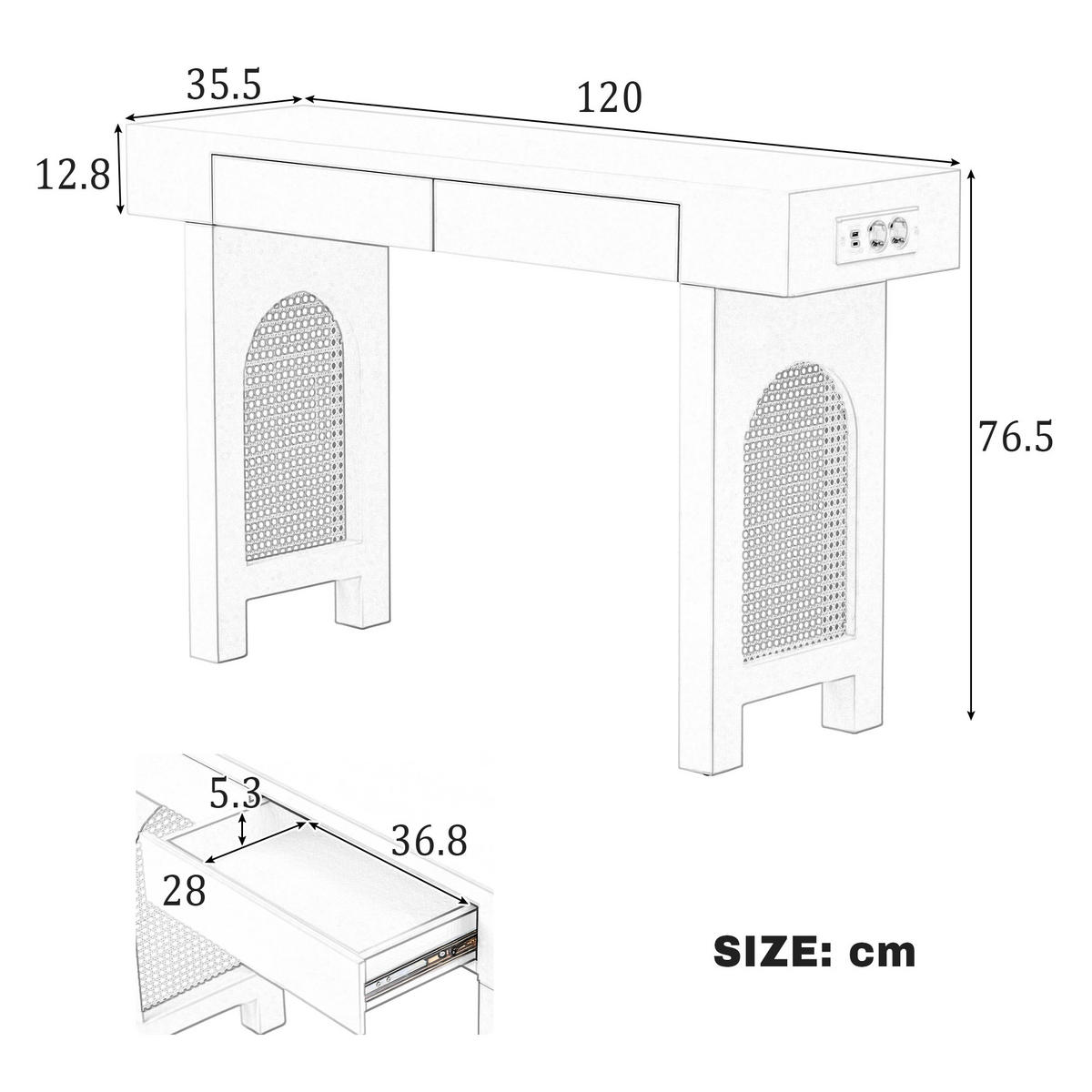KONSOLENTISCH 120/35,5/76,5 cm Weiß aus MDF mit 2 Schubladen und Steckdosenleiste - Weiß, Holzwerkstoff (120/35.5/76.5cm) - OKWISH