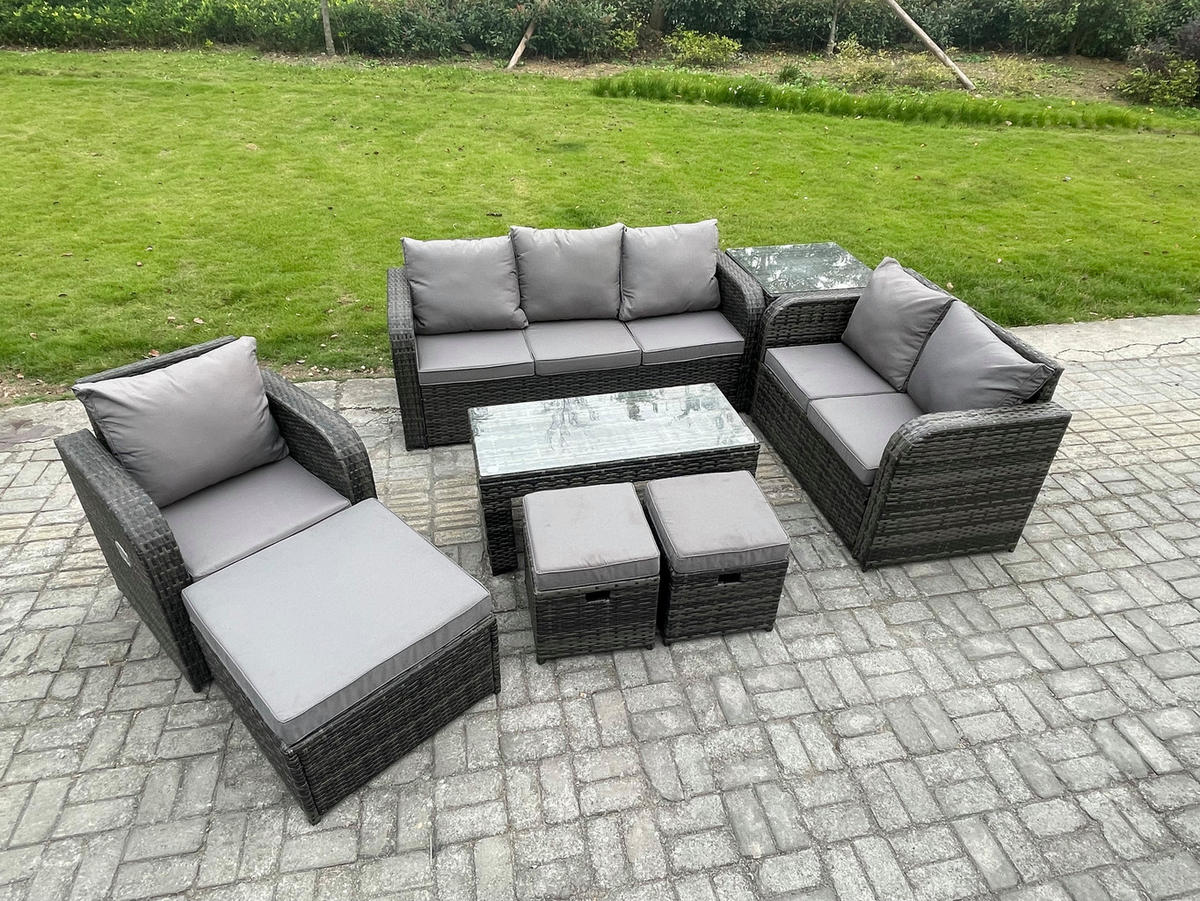 GARTENSOFA SET mit rechteckigem COUCHTISCH Polyrattan 9-Sitzer Dunkelgrau - Dunkelgrau/Grau, Glas/Kunststoff - Fimous