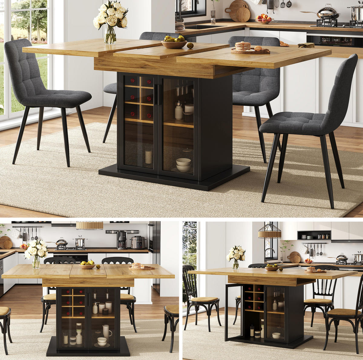 ESSTISCH 110-140/80/76 cm aus MDF, ausziehbar mit Weinregal und Glastür, Schwarz - Schwarz, Holzwerkstoff (110/80/76cm) - Redom