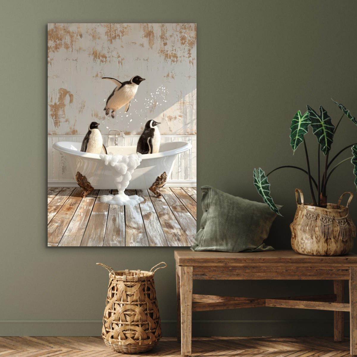 METALLBILD Vintage - Pinguin - Badewanne - Schaumstoff 60x90 cm - Schwarz, Metall (60/90cm) - MuchoWow