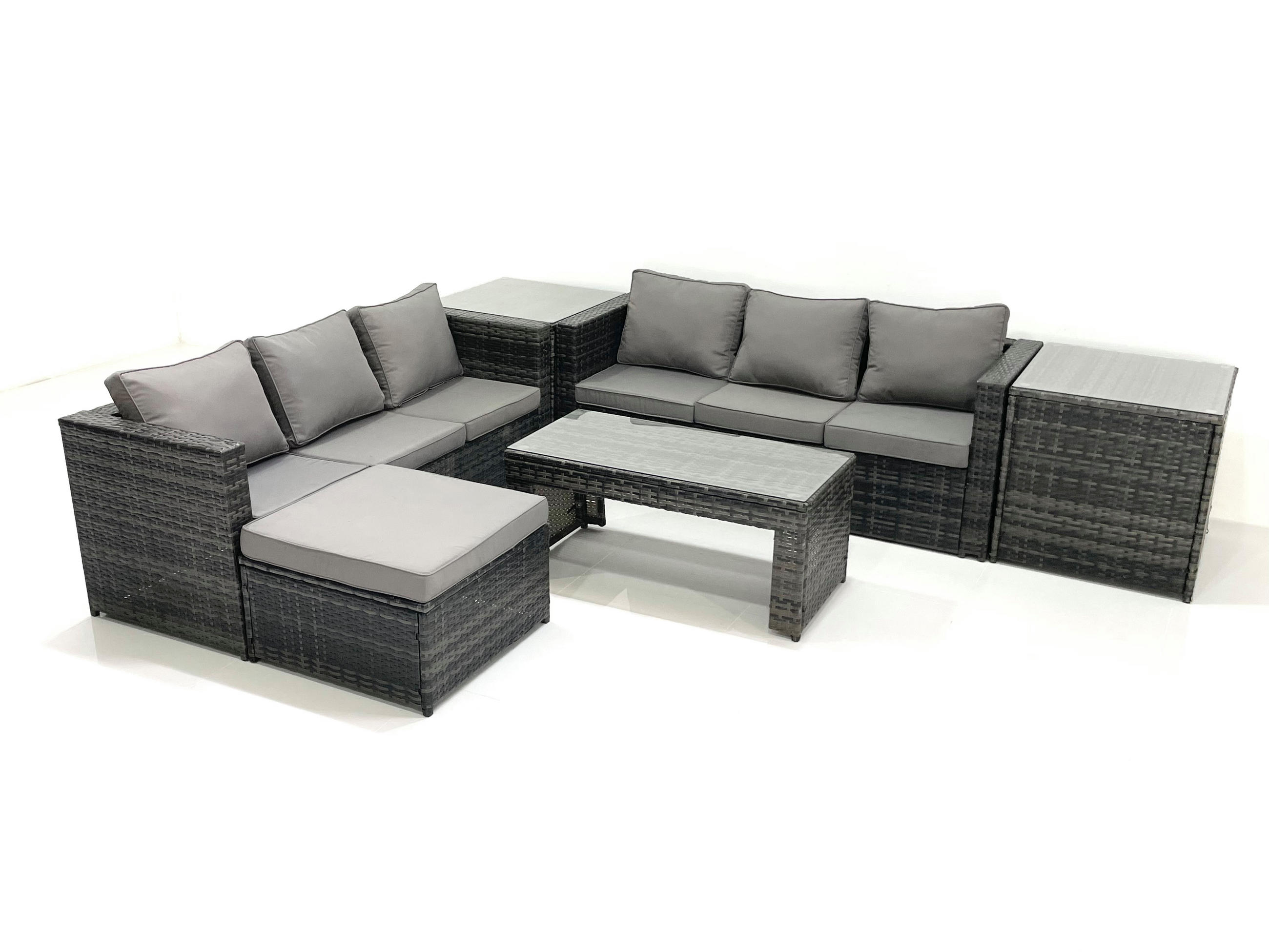 GARTENMÖBEL COUCHTISCH SET mit Sofa Polyrattan Outdoor 7-Sitzer - Dunkelgrau/Grau, Glas/Kunststoff - Fimous
