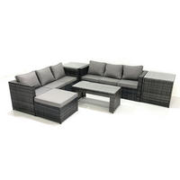 GARTENMÖBEL COUCHTISCH SET mit Sofa Polyrattan Outdoor 7-Sitzer - Dunkelgrau/Grau, Glas/Kunststoff - Fimous