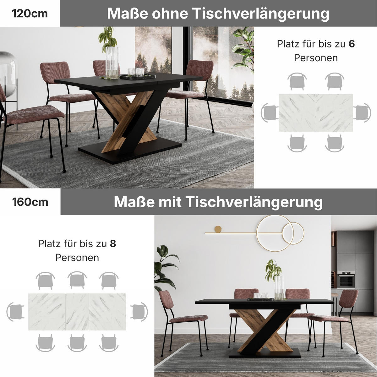 ESSTISCH Ausziehbar von 120 bis 160 cm in Schwarz - Schwarz, Holzwerkstoff (80/160/75cm) - Home Collective