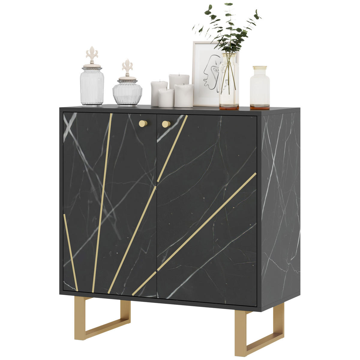 SIDEBOARD Schwarz Marmor-Optik, 2 Türen, 76/35/77 cm - Schwarz, Holz (76/77/35cm) - PANGIVO