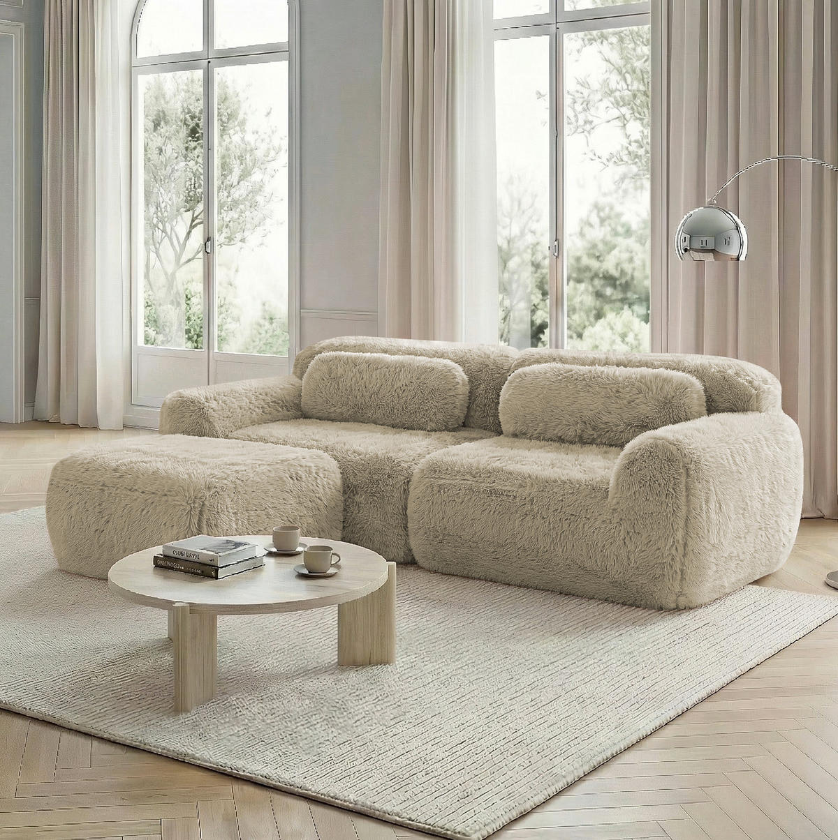 ECKSOFA in L-Form modular mit Ottoman, Premium-Plüschstoff und ohne Montage, Hellkhaki - Beige, Textil (204/179cm) - Redom