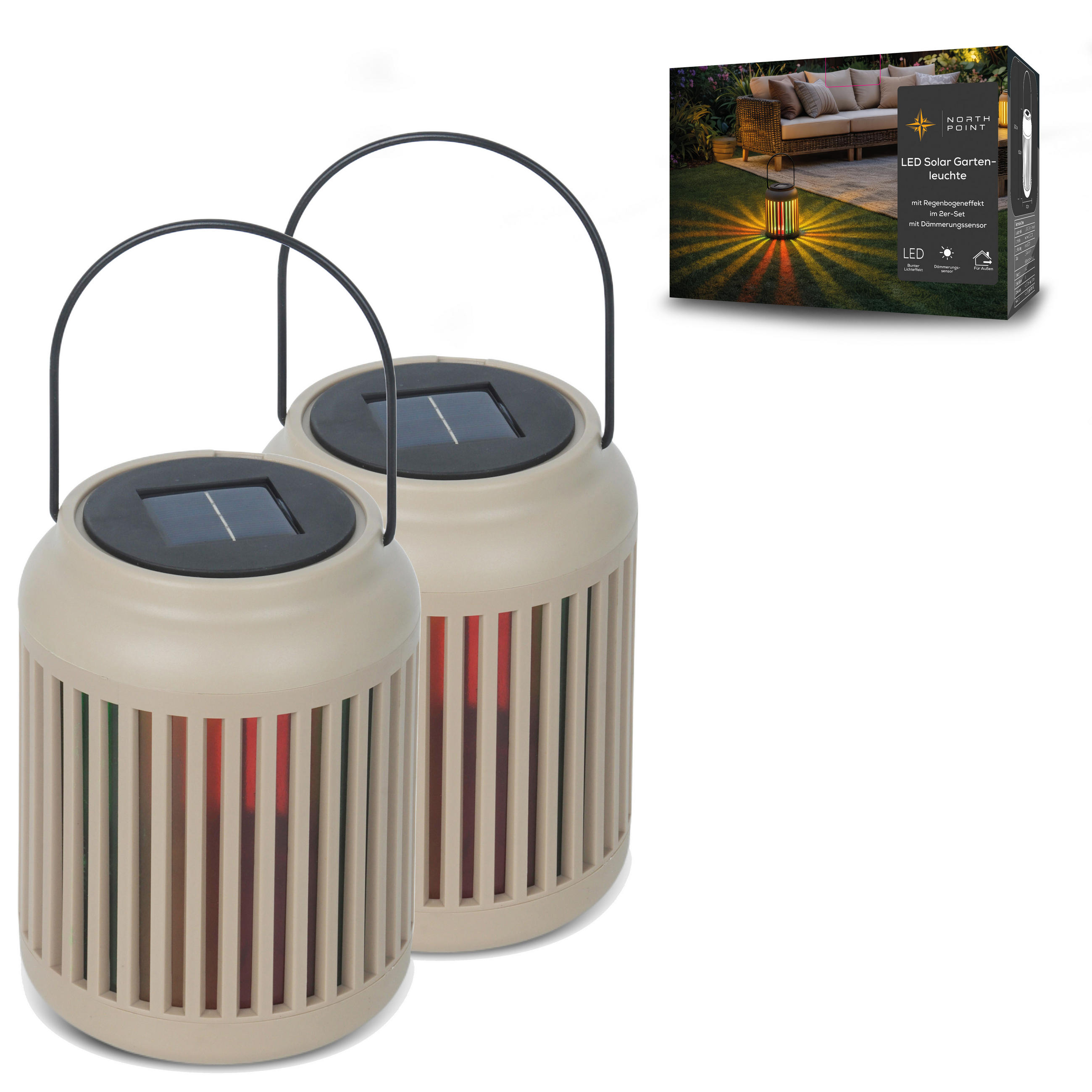 LED-GARTENLEUCHTE Solarleuchte 2er-Set mit Regenbogeneffekt Dämmerungssensor IP44 wetterfest mit Aufhängung tragbar warmweiß 3000K - Beige, Kunststoff (12/12/25cm) - Northpoint