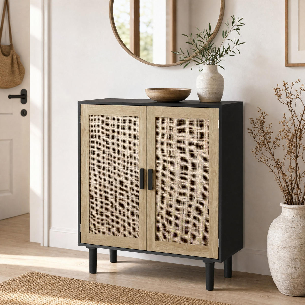 SIDEBOARD Schwarz, 80/40/88 cm, mit Rattan-Fronten und 2 Türen - Schwarz/Naturfarben, Holzwerkstoff (80/88/40cm) - CHICFURN