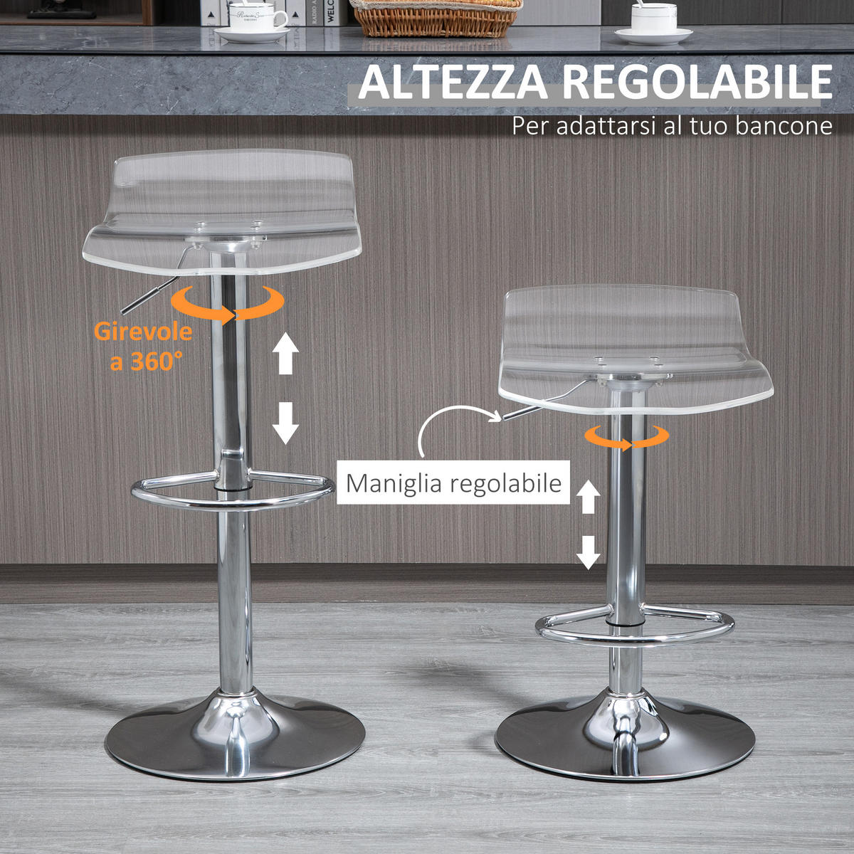 BARHOCKER, 2er-Set, höhenverstellbar, drehbar, Fußstütze, Metall/Acryl, transparent - Multicolor, Holzwerkstoff (39/87/39cm) - FORIOUS