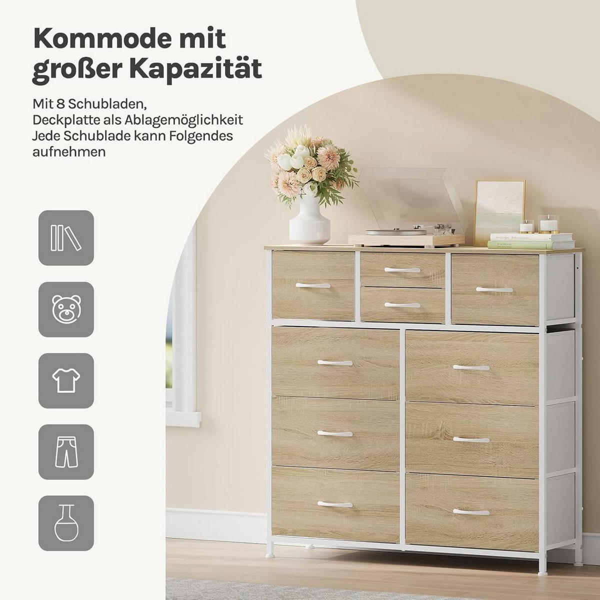 KOMMODE mit 10 Schubladen, Industrial Stil, Helle Eiche + Weiß - Eichefarben/Weiß, Holzwerkstoff/Textil (100/100/30cm) - Woltu