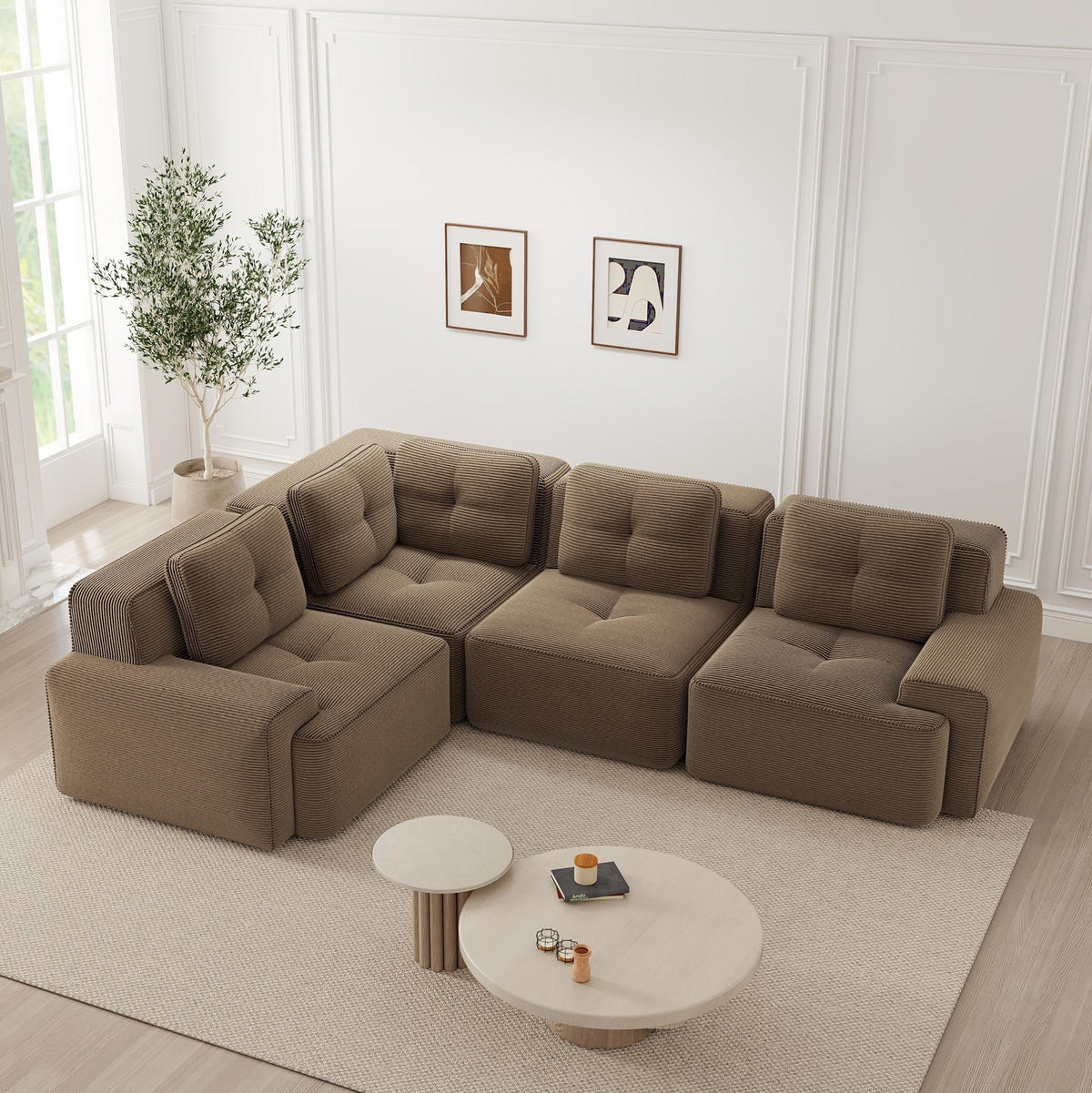 ECKSOFA 295/206/69 cm braun aus Cord mit modularem Design und rutschfestem Standfuß - Braun, Textil (104/382cm) - OKWISH